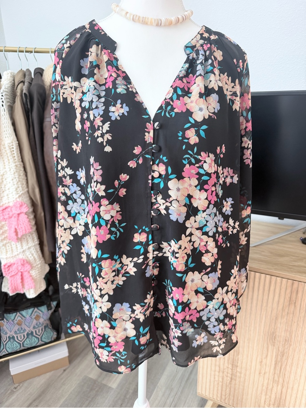 Black Floral Button-Front Blouse